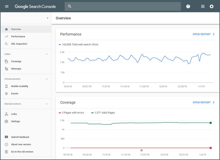 Screenshot of new Google Search Console in 2019
