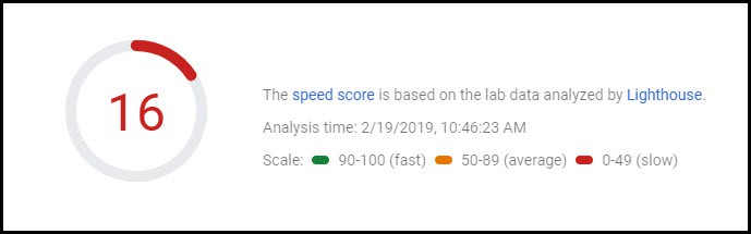 Page speed score of 16 which is very slow, as shown on Lighthouse, Google's PageSpeedInsights tool