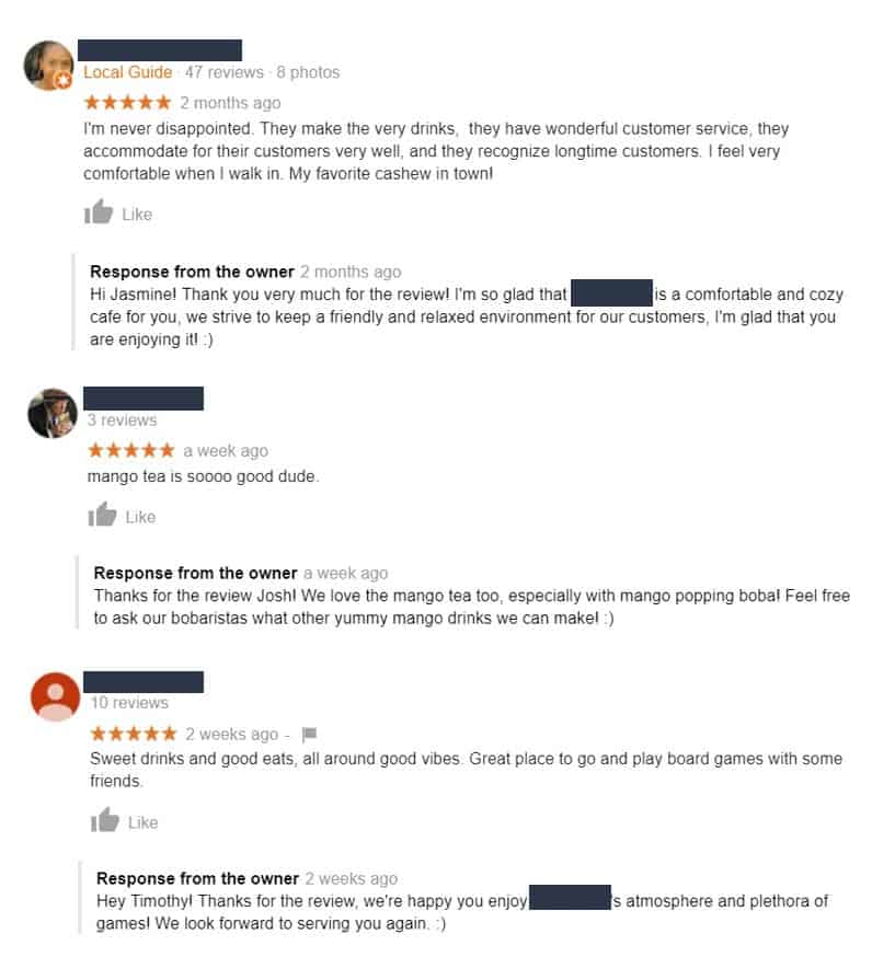 Customers' five-star reviews and owner's responses