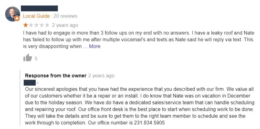 Customer's one-star review and owner's response
