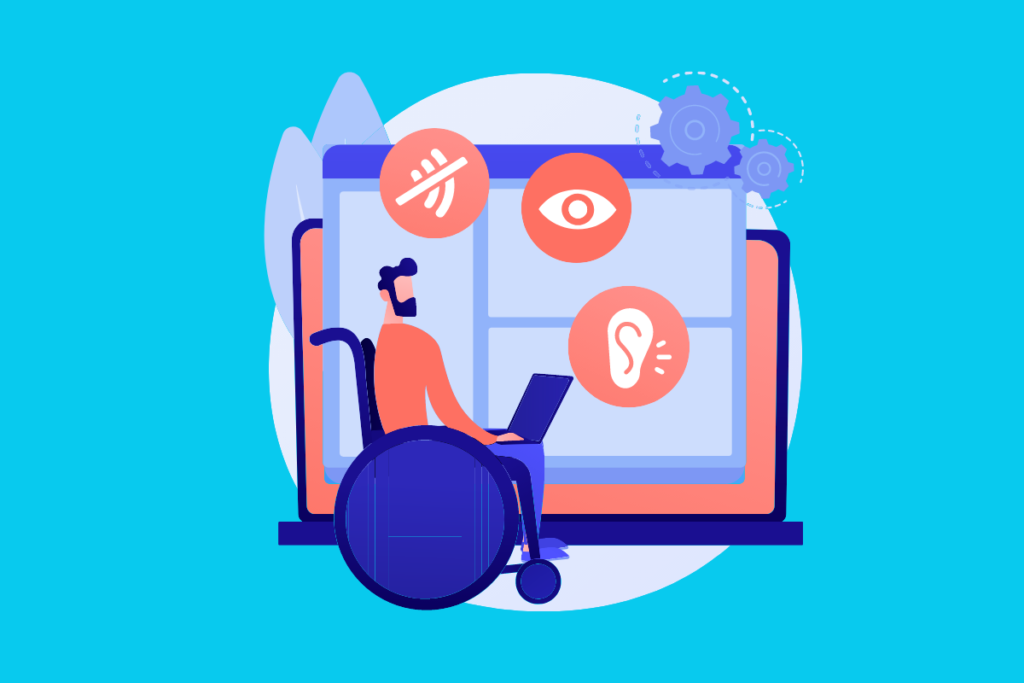 illustration of a person in a wheelchair looking at a large computer screen with an accessibility logos