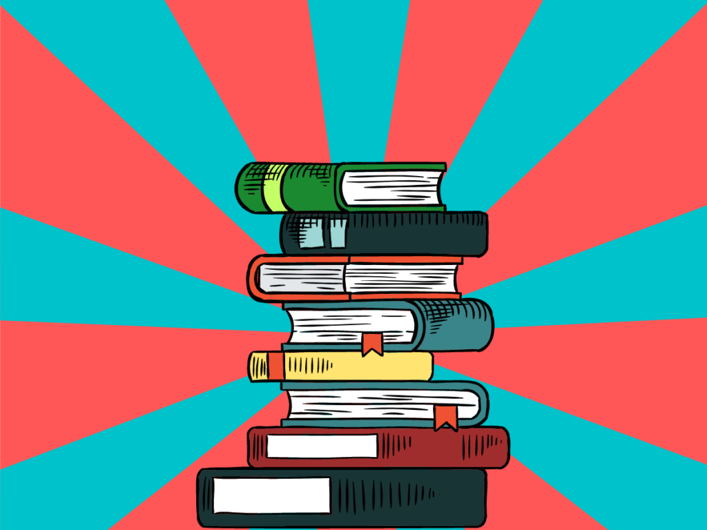 illustration of books stacked on a striped background
