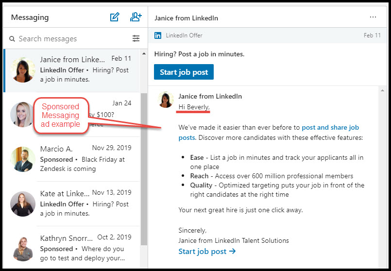 LinkedIn Sponsored Messaging Ad example