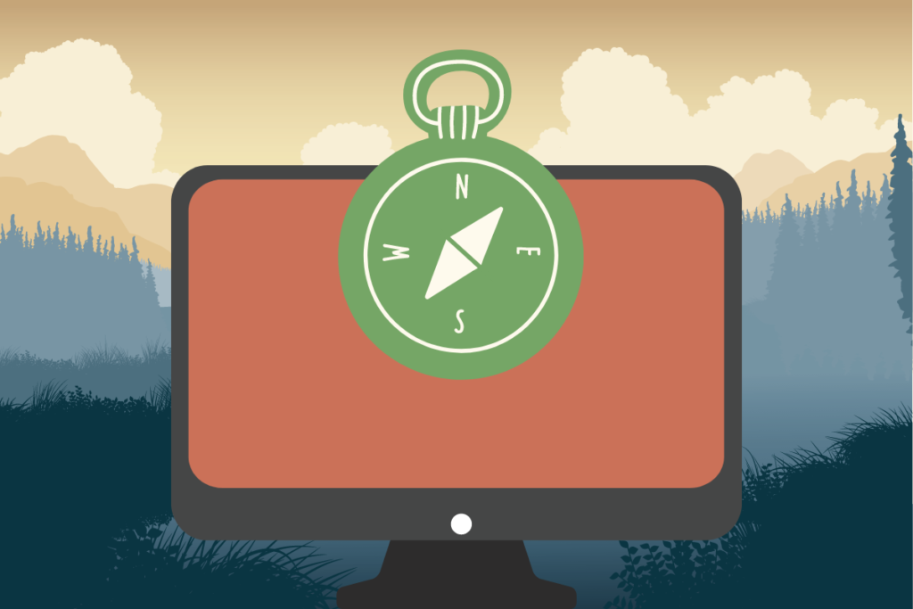 An illustration of a computer monitor sitting in a forest with a compass laid over the screen.