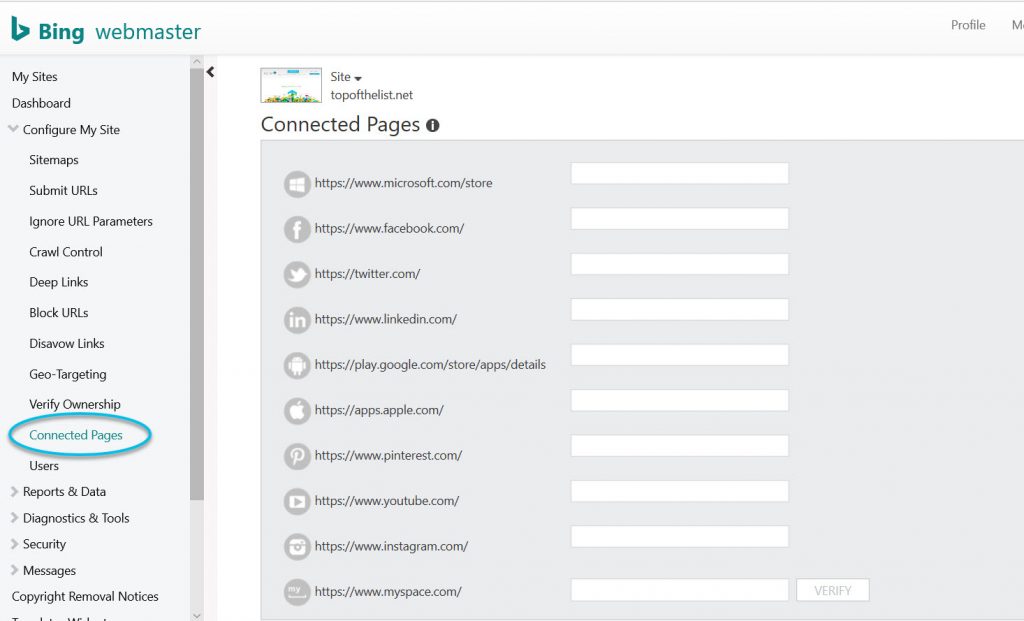 Submit social media pages in Bing Webmaster Tools connected pages