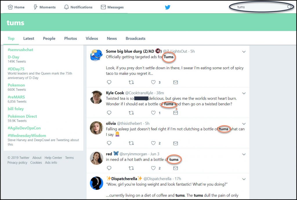 Search of Twitter for brand mentions
