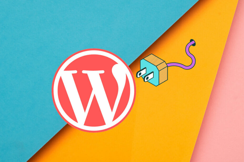 an illustrated plug next to the WordPress logo with a multicolored background.