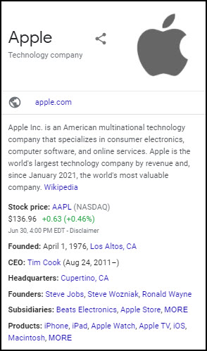 screengrab of Apple Inc.’s knowledge panel