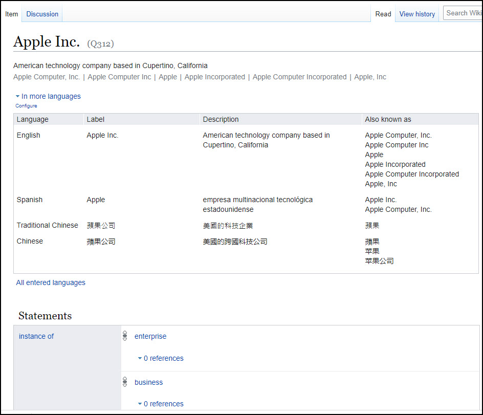 screengrab of Apple Inc.’s Wikidata page