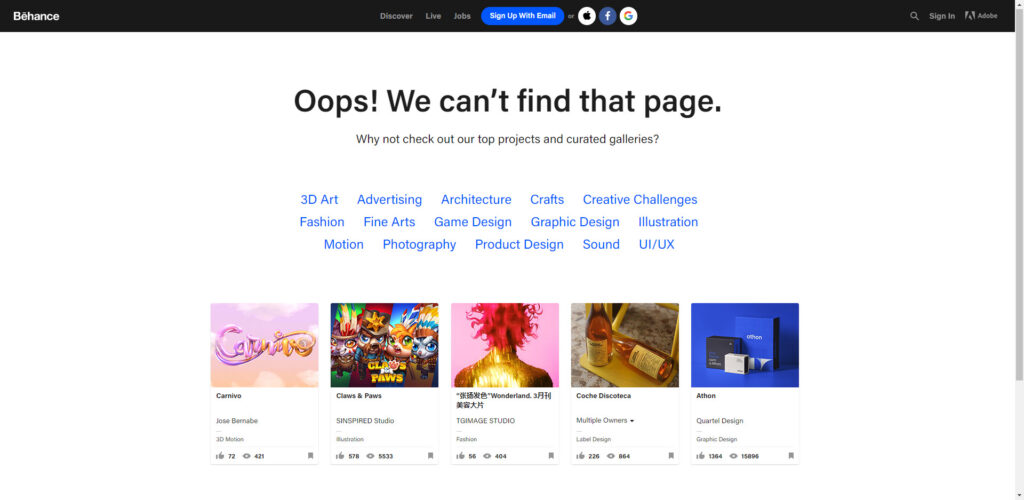 behance's 404 page with links to other pages