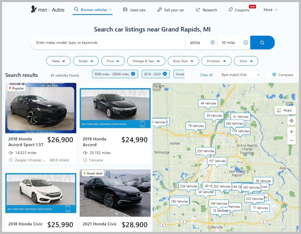 bing auto marketplace webpage