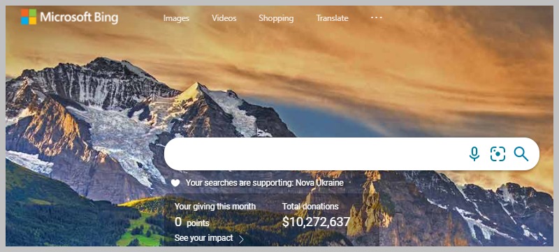 bing frontpage with tally of money raised for charity
