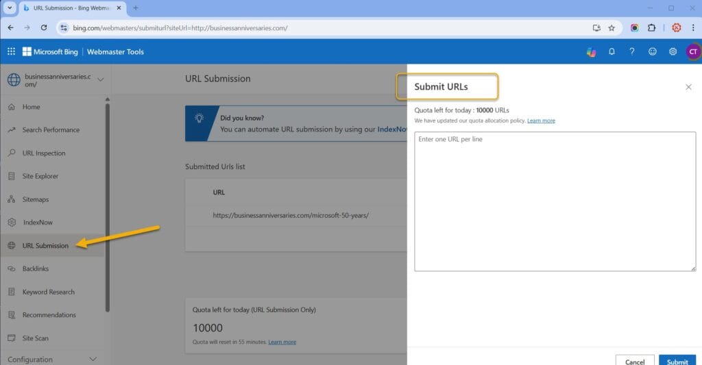 Bing Webmaster Tools Submit URL's