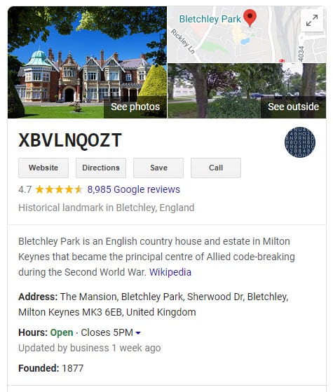Bletchley Park on Google SERP