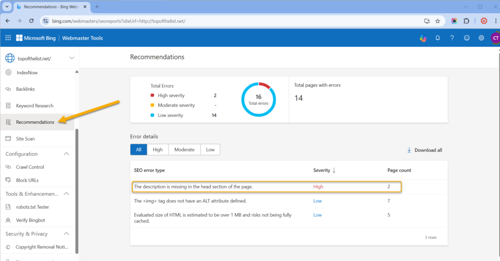 Bing webmaster tools recommendations screen with errors list