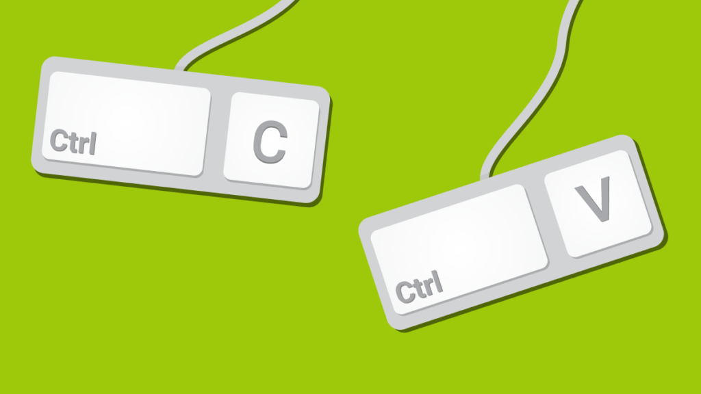 Two computer keyboards displaying the letters 'c' and 'v' prominently on their keys, representing copy and paste.