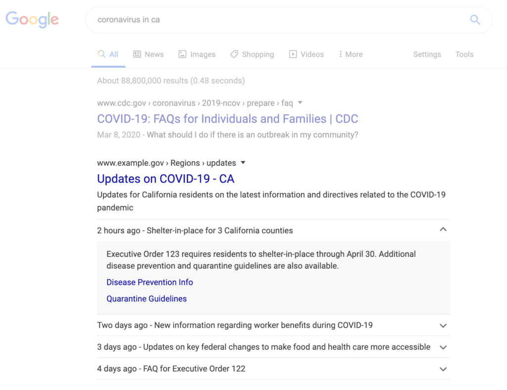 special announcements on google search results page