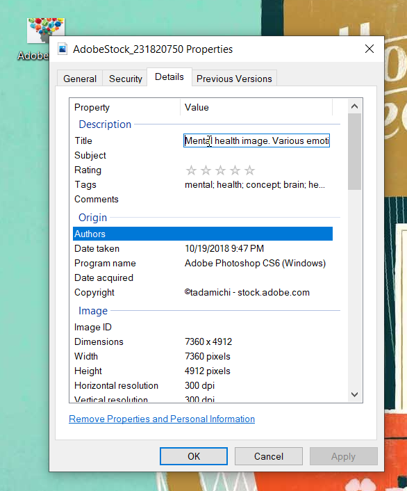 screenshot of editing metadata on windows