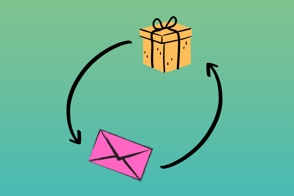 graphic of an envelope and a present with arrows going between the two