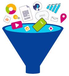 illustration of a funnel filled with social media and communication tools: phone, charts, avatar, location marker, and text bubble.