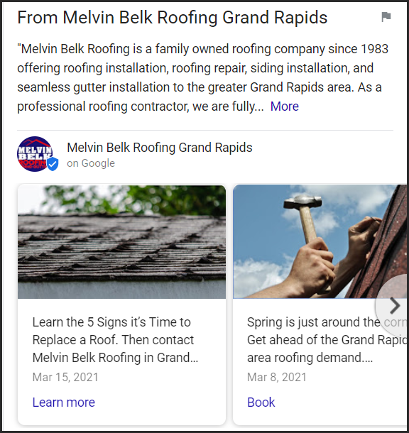 Posts from a local roofing company on Google My Business