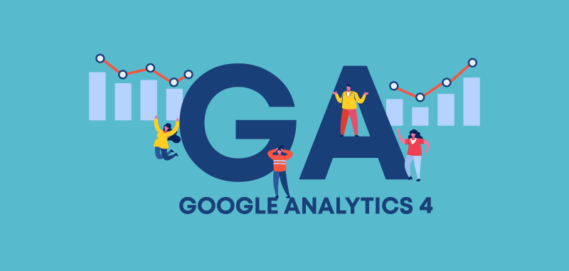 illustration of graphs and people next to large 'ga' text. Below it reads 'google analytics 4'