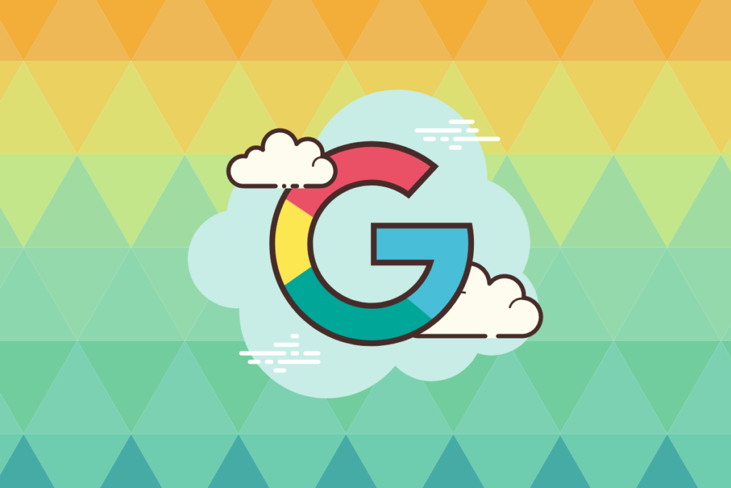 google logo in clouds in front of multicolor geometric background