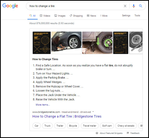 google featured snippet result for how to change flat tire