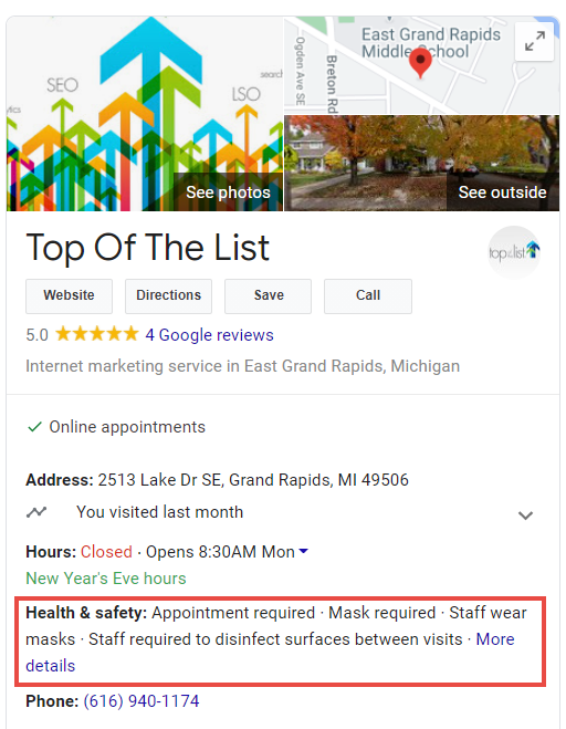 Top Of The List Google My Business Listing with Covid Protocols