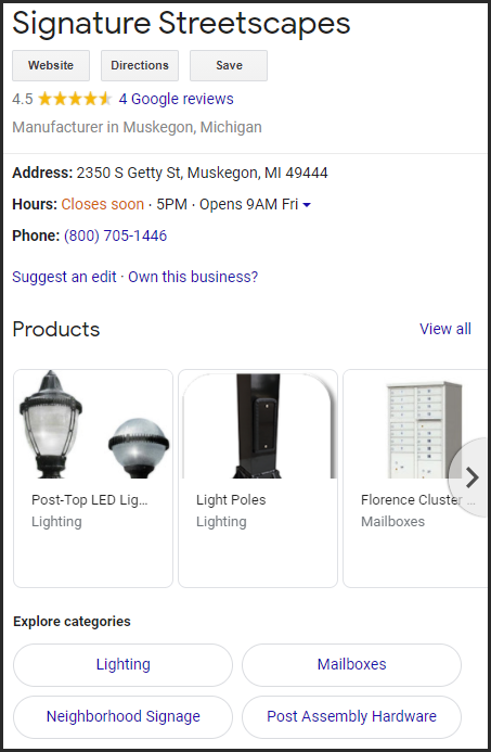 Products in a Google My Business listing