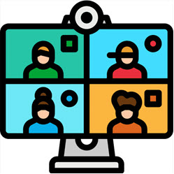 graphic of videoconference with four faces and a camera on a computer screen