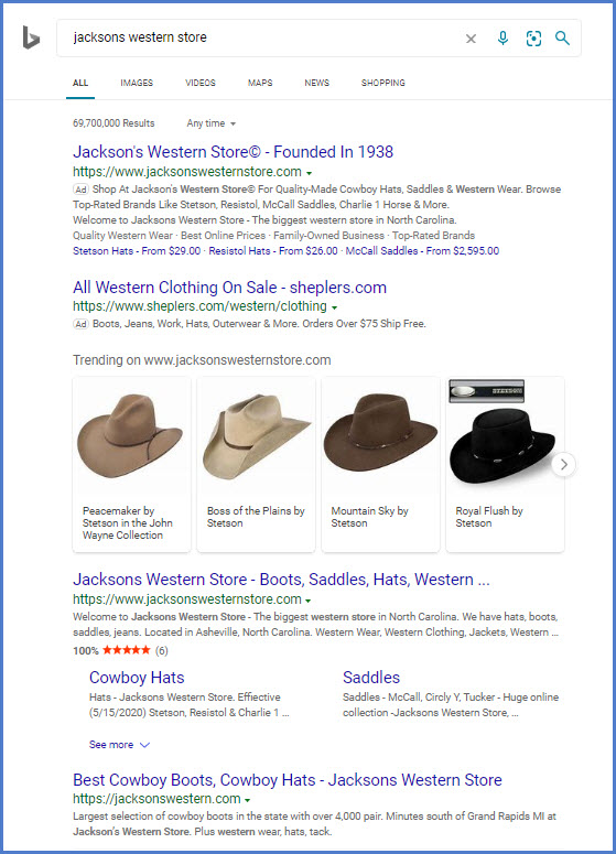 bing serp on term "jacksons western store"