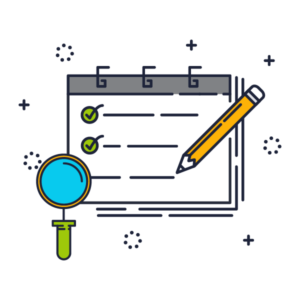 graphic representing SEO content creation, magnifying glass, pencil and checklist on paper