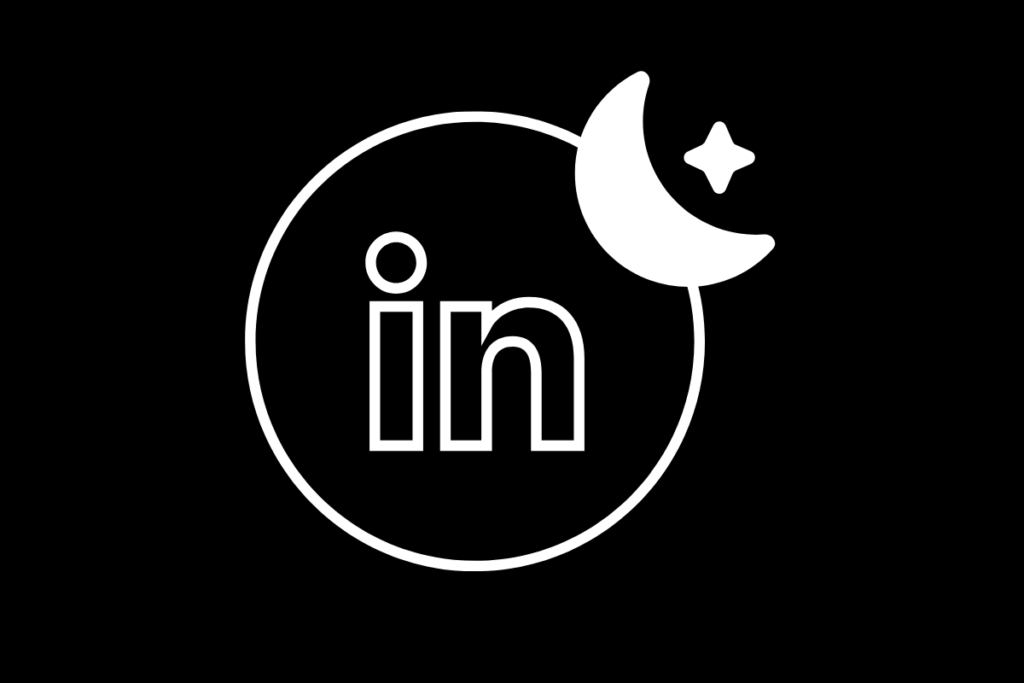 A black and white LinkedIn logo with a moon and star in the corner