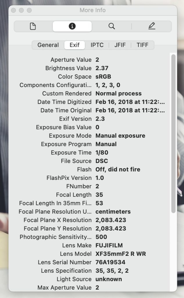 screenshot of exif tab on mac osx
