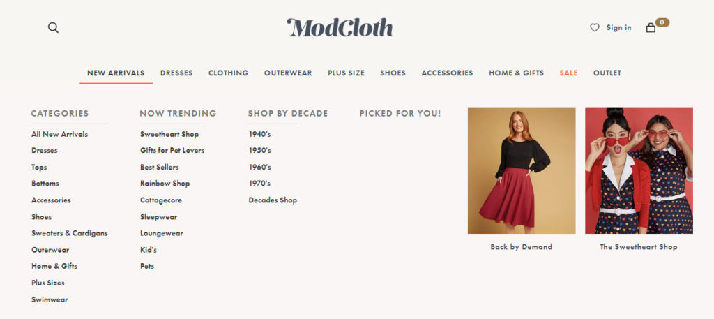 Modcloth’s website with a categorical hierarchy of products.
