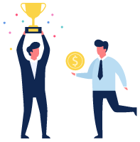 illustration of two men celebrating more profit by holding a large coin and a trophy above his head