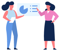 illustration of two women talking next to a sales pie chart and bar chart