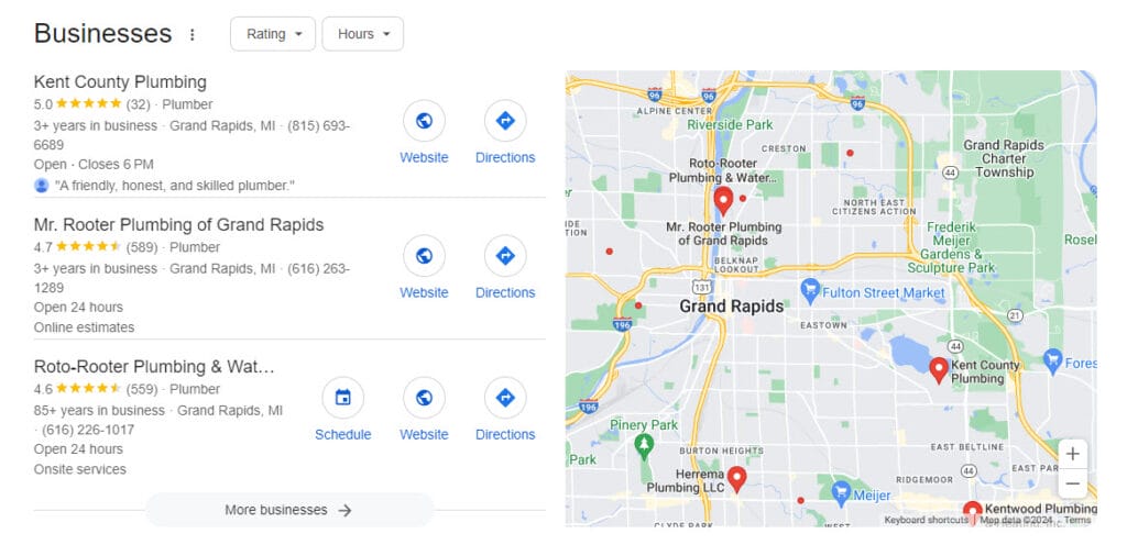 Google SERP 3-pack showing plumbers in Grand Rapids