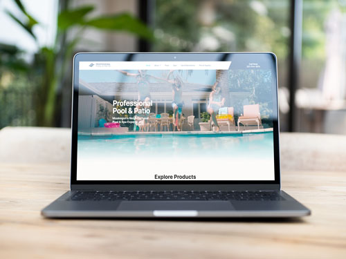 Professional pool and patio website on a laptop