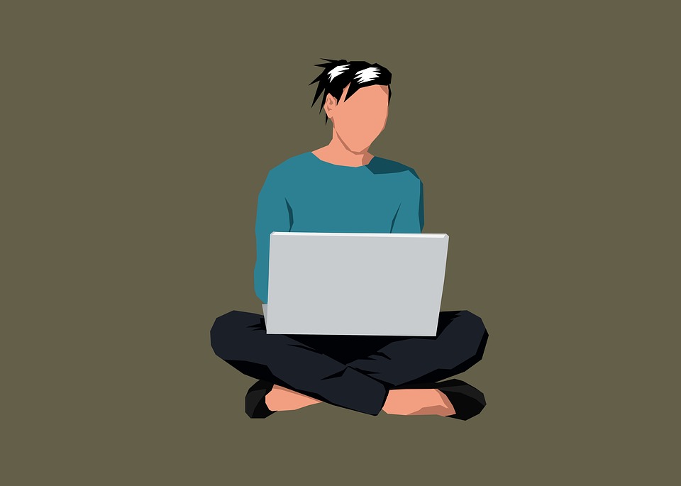illustration of woman sitting cross-legged and working on a laptop