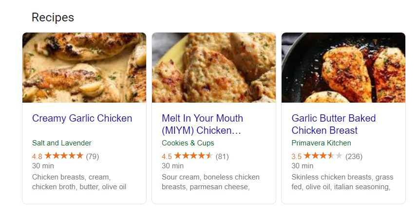 screenshot of google search recipes for chicken