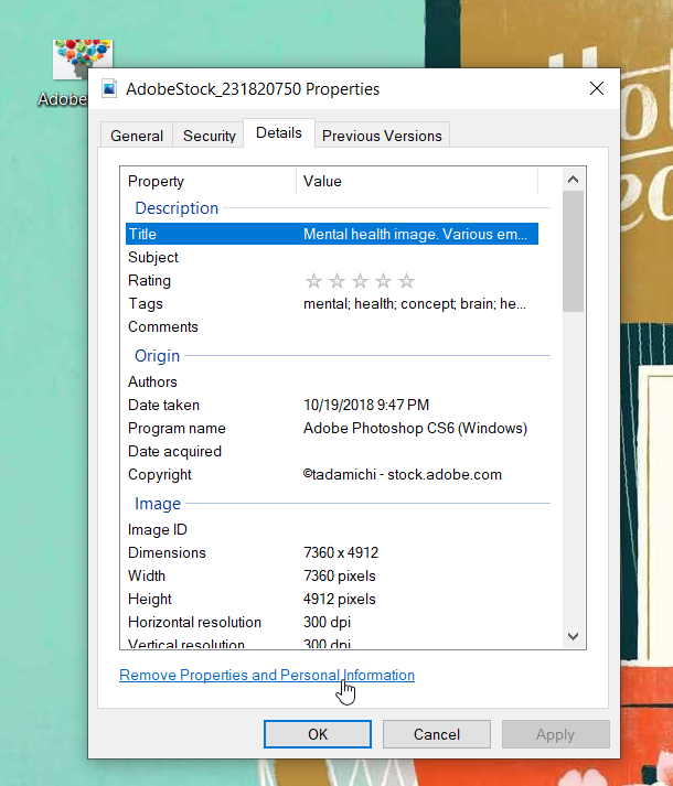 screenshot of removing metadata on windows
