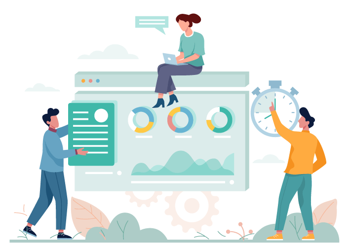 illustration representing digital marketing and seo. a large computer interface with reporting and a timer with three people working around it.