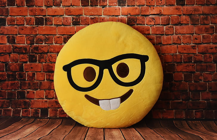 nerd emoji stuffed plush in front of brick wall