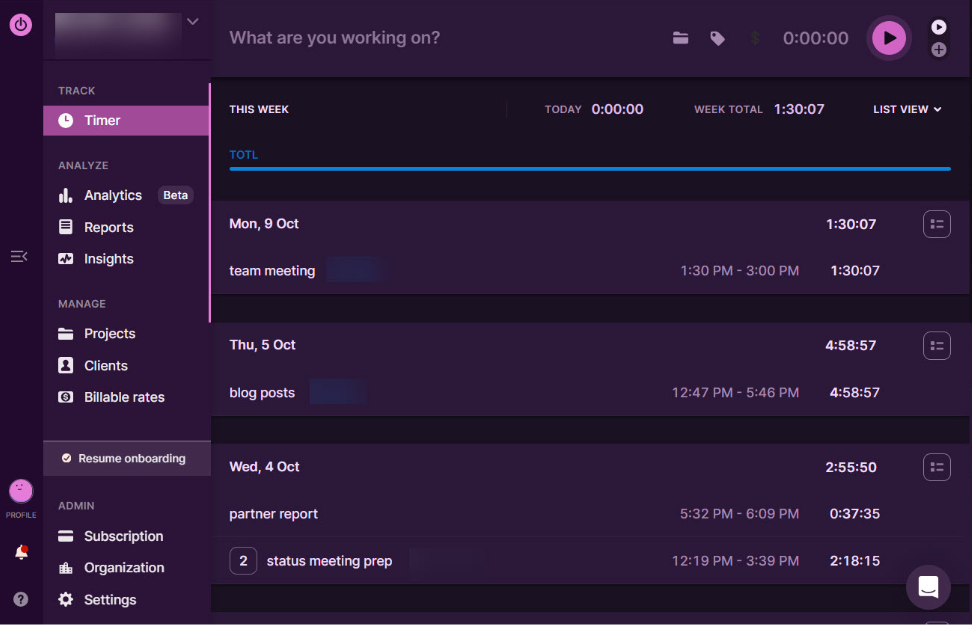 A screenshot of the user interface on Toggl.