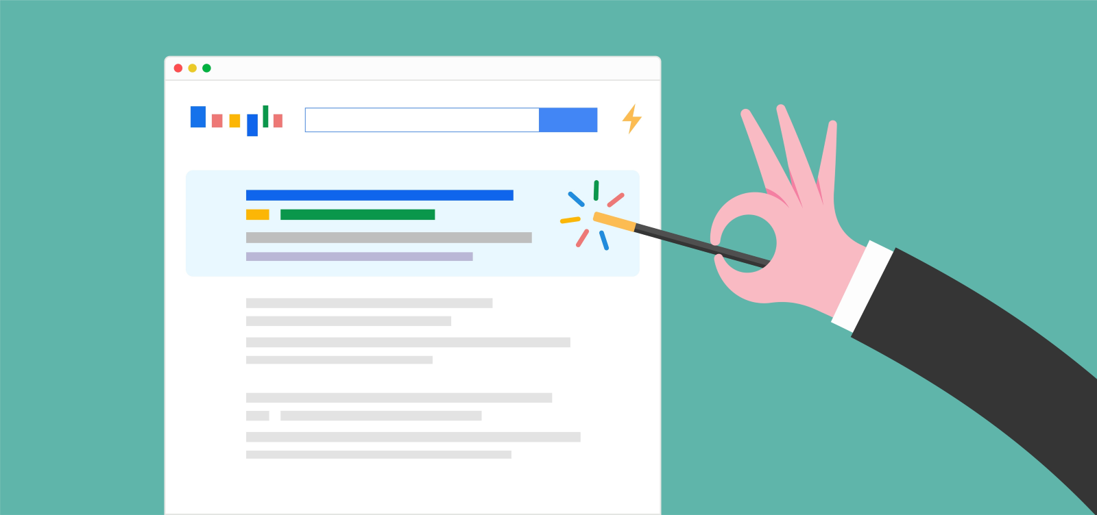 Illustration of a hand holding a magic wand, tapping a search result on a web browser, symbolizing enhanced or optimized search results.