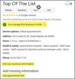 The Google Business Profile (GMB) listing for Top Of The List