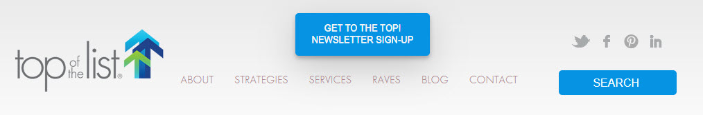 Top Of The List website menu with a newsletter call to action button and search in the menu.