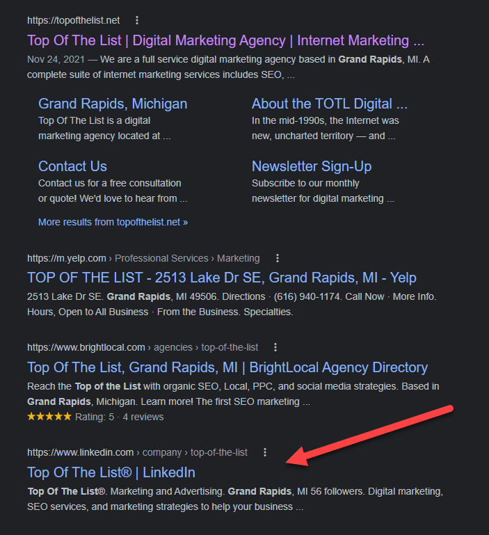 top of the list on google's search engine results page with an arrow next to the linkedin result
